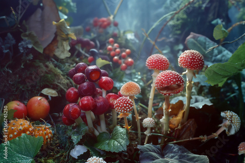Fantasy Mushrooms and Fruit Hybrids in Magical Forest
