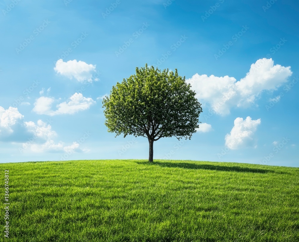 Obraz premium Lone Tree Standing on Green Hill Under a Sunny Blue Sky
