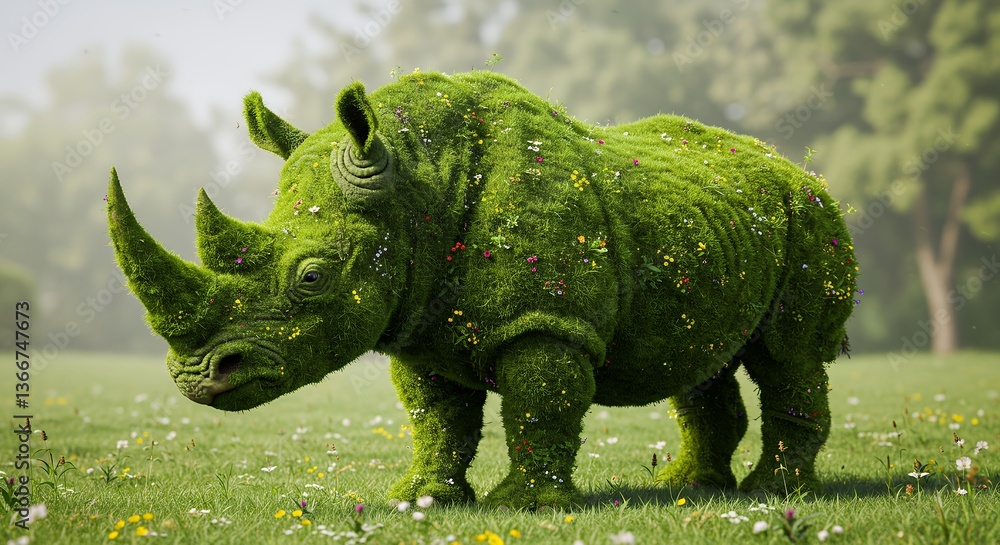 Fototapeta premium Green Rhino Topiary Sculpture in Park with Wildflowers for Conservation Concept