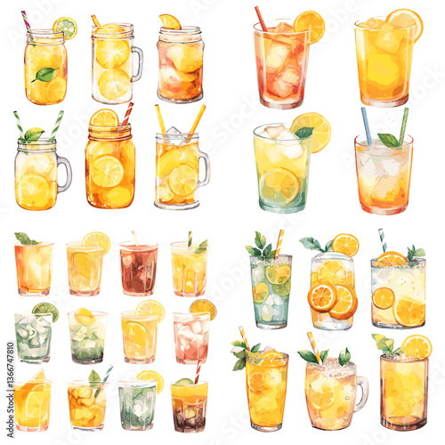 Watercolor set of refreshing orange, lemon, and citrus drinks in clear glasses and mason jars. Ideal for summer beverages, detox drinks, cocktail menus, and healthy lifestyle designs.

