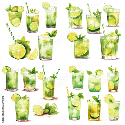 Watercolor set of refreshing lime and mint drinks with ice in clear glasses. Ideal for summer beverages, detox drinks, cocktail menus, and healthy lifestyle concepts.

