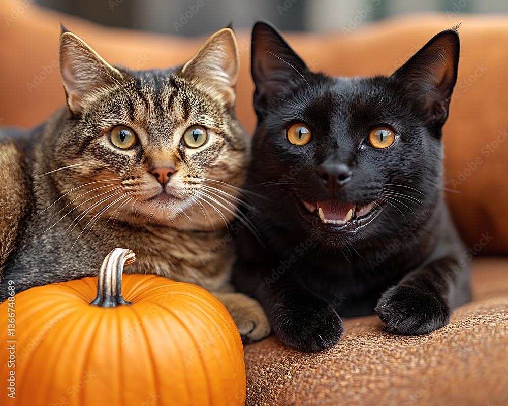 Two adorable cats smiling with a vibrant orange pumpkin together Two adorable cats smiling with a vibrant orange pumpkin together