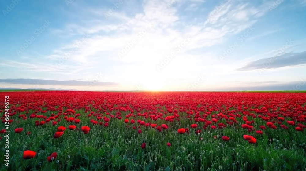 Vast field of vibrant red poppies at sunrise. A breathtaking panorama of a blossoming poppy field under a vibrant sunrise sky. The scene displays a sea of red flowers stretching to the horizon, Vast field of vibrant red poppies at sunrise. A breathtaking panorama of a blossoming poppy field under a vibrant sunrise sky. The scene displays a sea of red flowers stretching to the horizon,