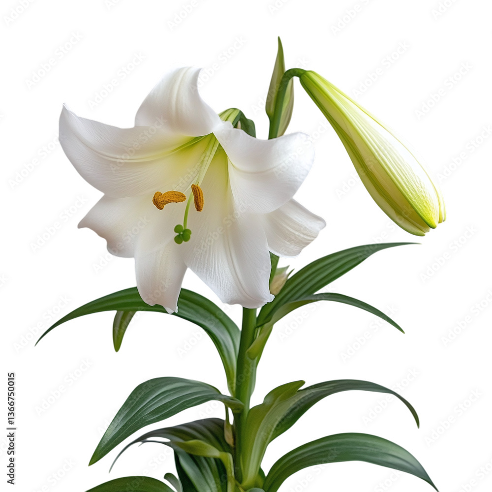 Obraz premium Easter lily in full bloom with green leaves, isolated on white background