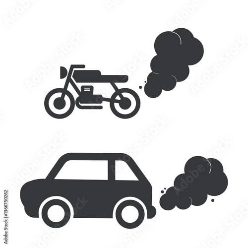 Isolated pictogram motorcycle and car emitting exhaust smoke, representing air pollution, environmental impact, and emission warning
