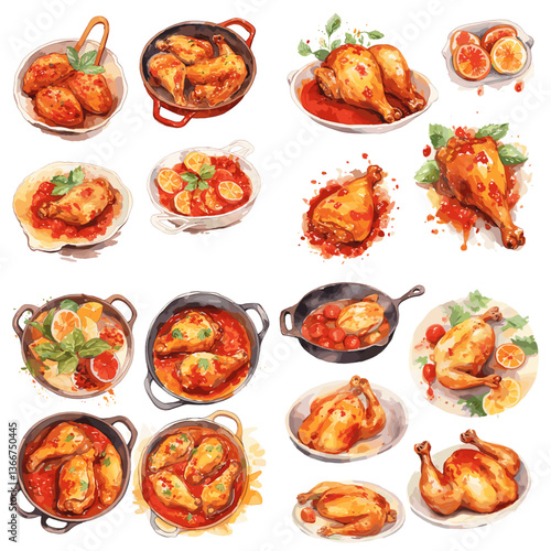 Watercolor illustration of roasted chicken dishes with herbs, tomato sauce, and citrus. Perfect for culinary content, restaurant menus, and delicious food-themed design projects.