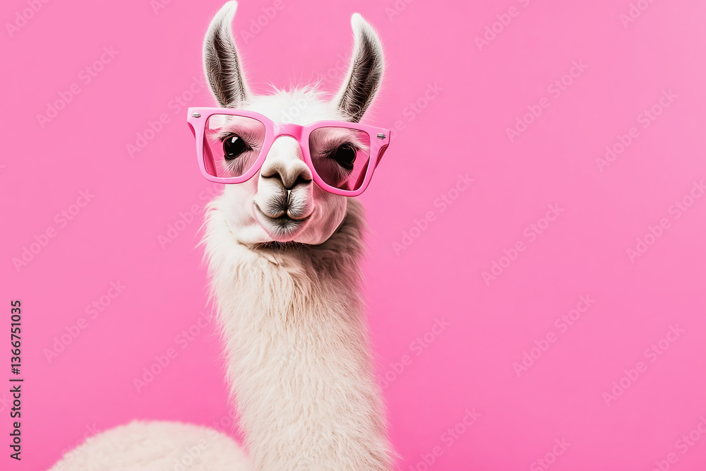 Fototapeta premium Playful llama wears pastel sunglasses against pink backdrop