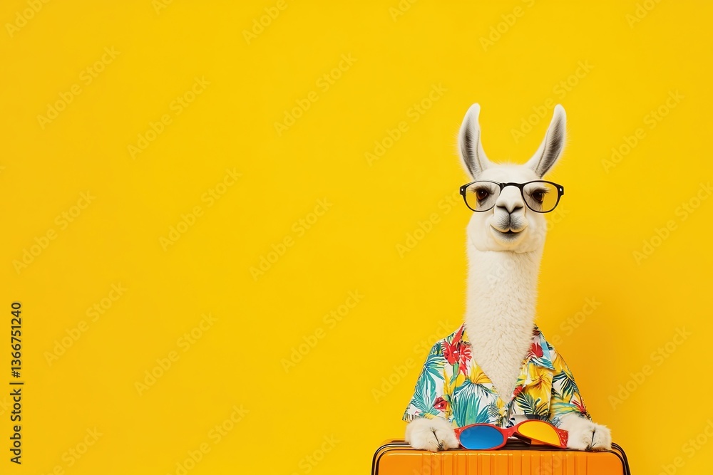 Fototapeta premium Llama with suitcase and tropical shirt ready for vacation