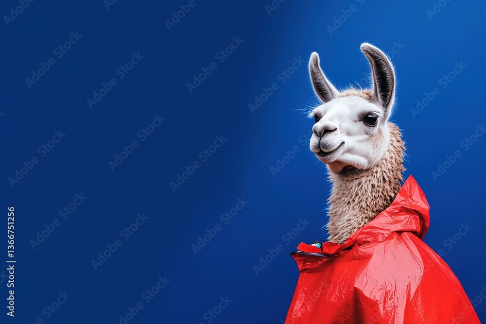 Fototapeta premium Llama in recycled raincoat against vibrant blue background