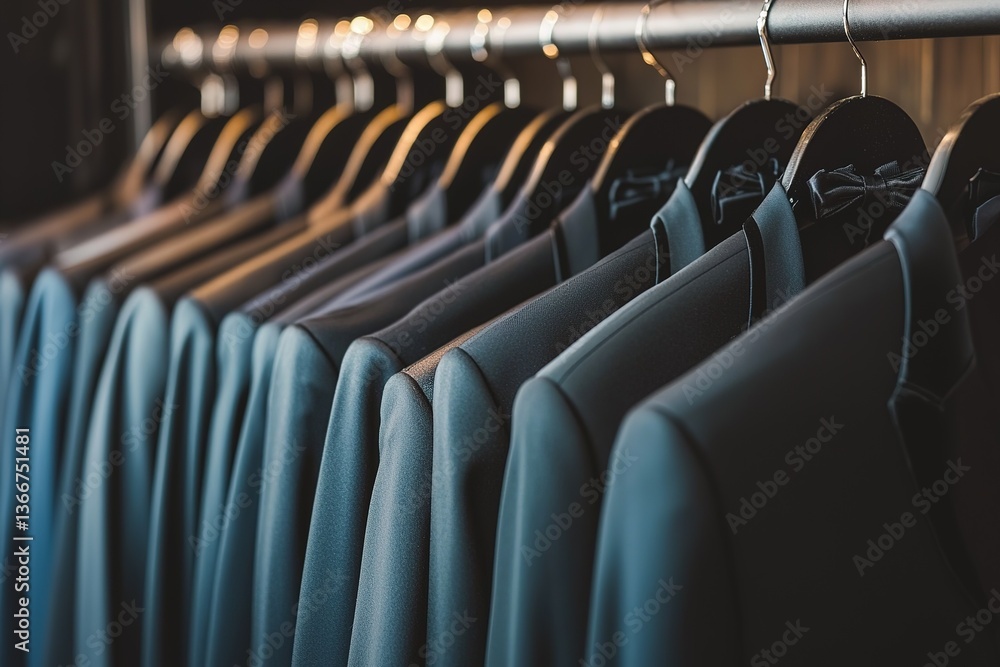 Obraz premium Stylish formal black tuxedo displayed elegantly on hanger