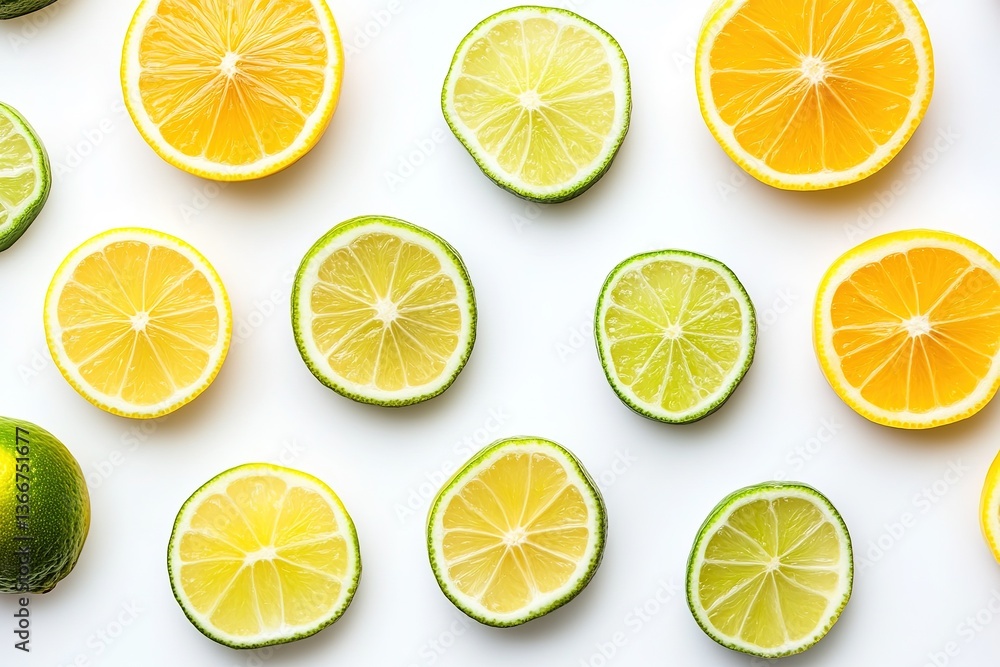 Fototapeta premium Refreshing citrus slices create a vibrant pattern on white background