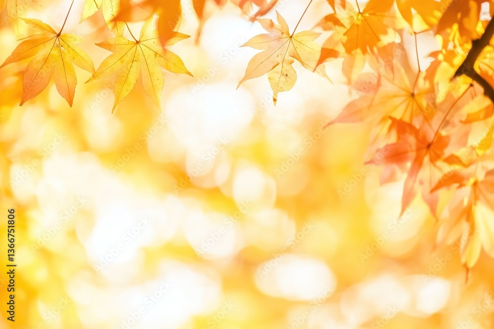 Blurred Golden leaves create a soft blur in a tranquil autumn forest Blurred Golden leaves create a soft blur in a tranquil autumn forest