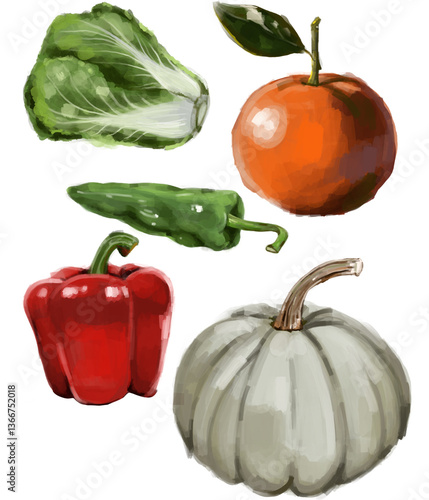 colorful assortment of vegetables and fruits including green pepper, red bell pepper, pumpkin, orange, and lettuce, showcasing fresh produce