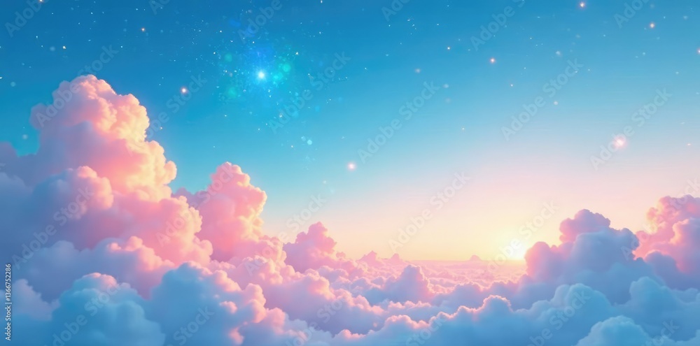 Soft pastel blue sky with white fluffy clouds and twinkling stars at sunset, whimsical, clouds, serene Soft pastel blue sky with white fluffy clouds and twinkling stars at sunset, whimsical, clouds, serene