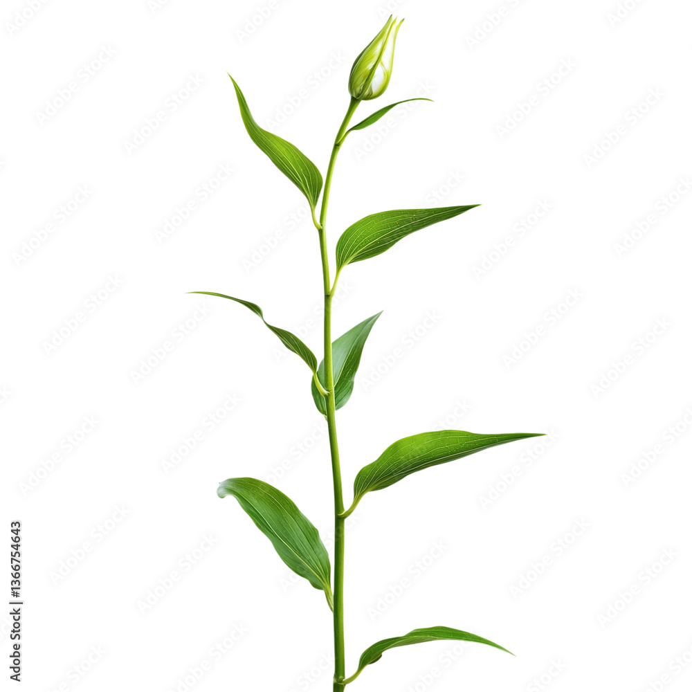 Fototapeta premium Single stem of Easter lily with green leaves, isolated on white background