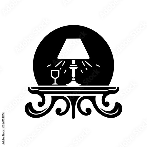 A minimalist black-and-white illustration featuring a table with an ornate design, a lamp casting light, and a wine glass set against a dark circular background.