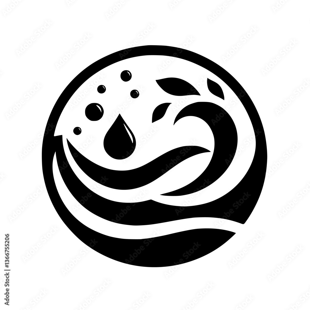 Fototapeta premium Circular Monochrome Logo Depicting Water Elements, Featuring Wave Forms, Droplets, and Foliage within a Decorative Border.