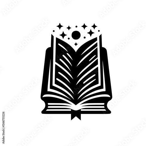 A monochrome logo of an open book emanating starlight, symbolizing knowledge, magic, and a journey into the cosmos, with bold lines.