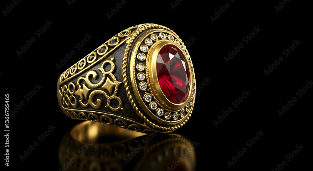 Fototapeta premium Detailed Gold Ring With Ruby And Diamonds