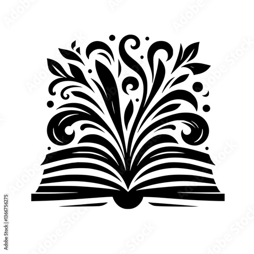 Flourishing Open Book: A Monochrome Floral Literary Design