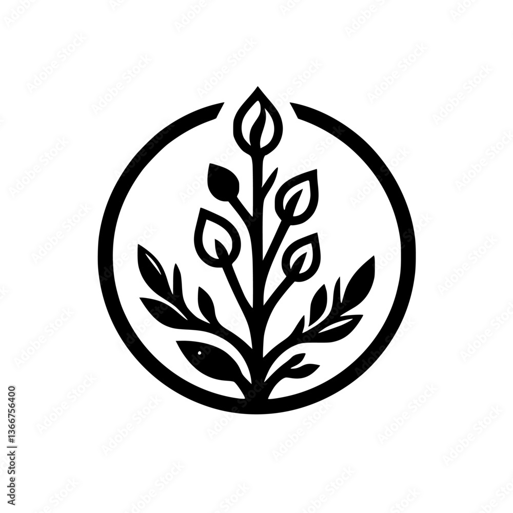 Encircled Botanical Growth: Monochrome Floral Emblem Encircled Botanical Growth: Monochrome Floral Emblem