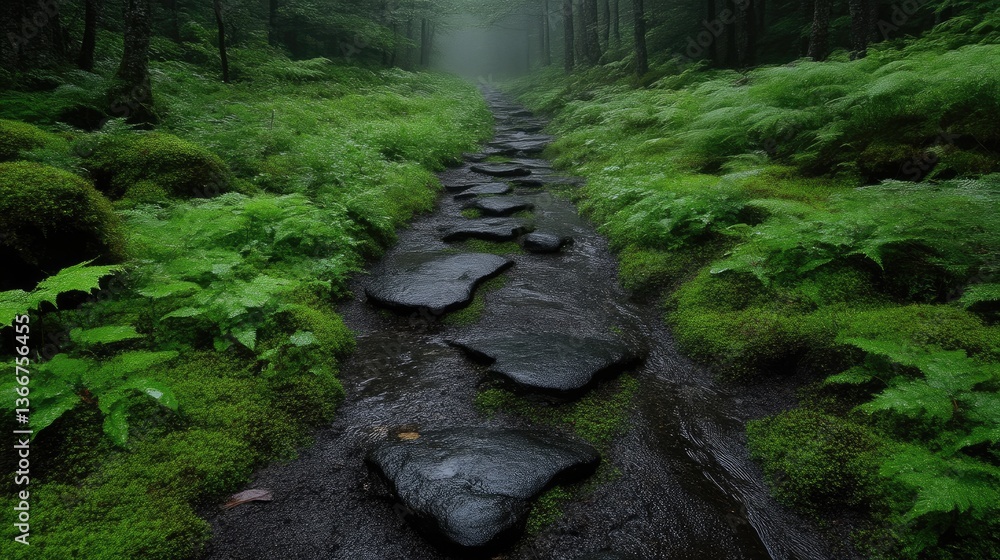 Misty forest path lined with moss-covered stones Misty forest path lined with moss-covered stones