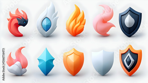 Collection of Colorful 3D Pixel Art Magic Shield Icons