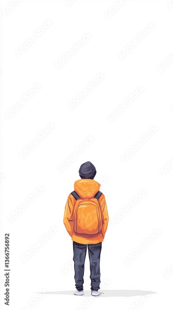 A child in an orange jacket stands alone, gazing upward in a minimalist setting, conveying a sense of curiosity and contemplation. A child in an orange jacket stands alone, gazing upward in a minimalist setting, conveying a sense of curiosity and contemplation.