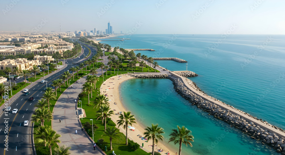 Fototapeta premium Coastal Cityscape With Turquoise Bay And Palm Trees