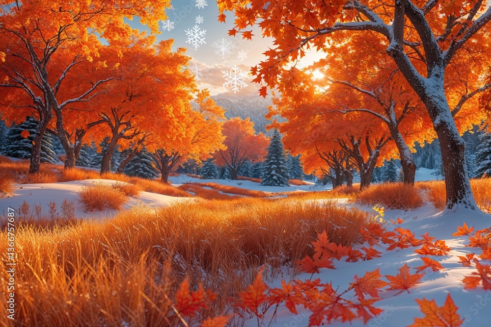 Naklejka premium Vibrant Orange Winter Vista Enhanced with Golden Leaves and Festive Snowflakes