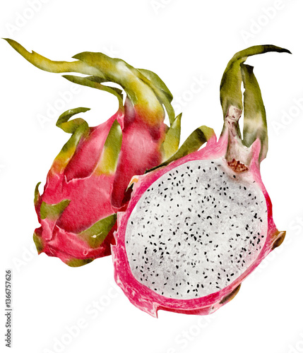 Vibrant dragon fruit with pink skin and white flesh, showcasing its unique texture and color. Perfect for tropical themes and healthy eating