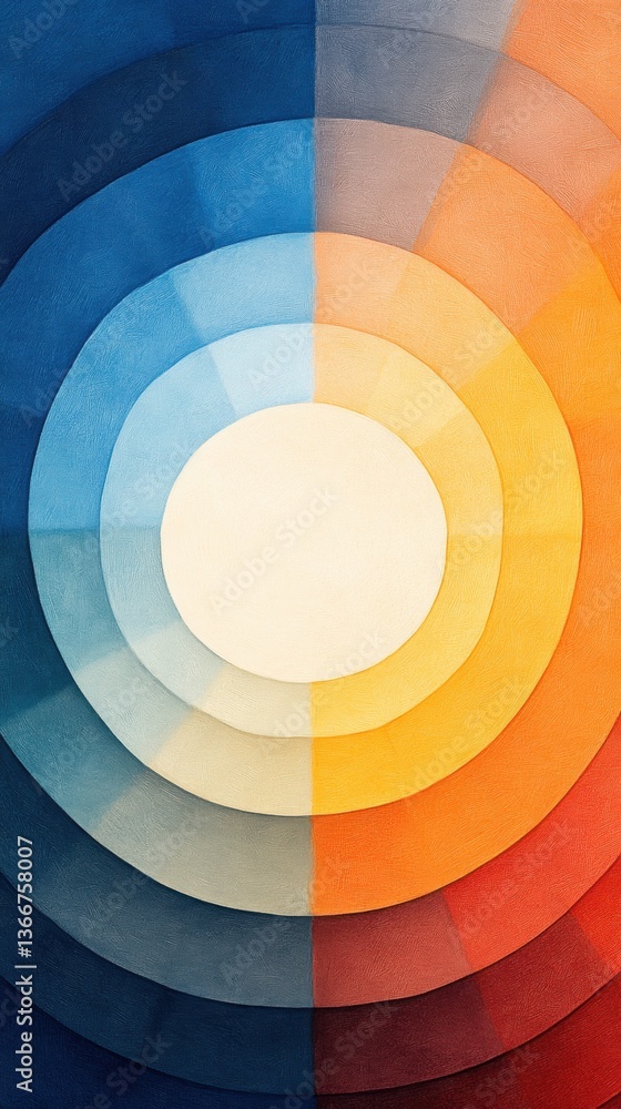 Obraz premium A vibrant, abstract image showcasing concentric circles in varying shades of blue, yellow, and orange, creating a dynamic visual effect.