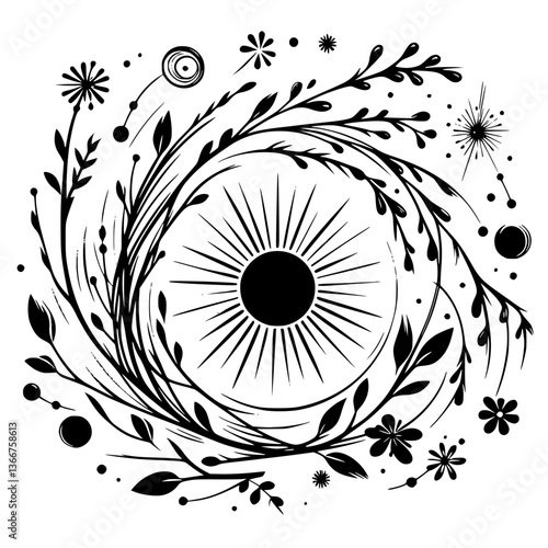 Sunburst Floral Mandala: Black Ink Whirlwind
