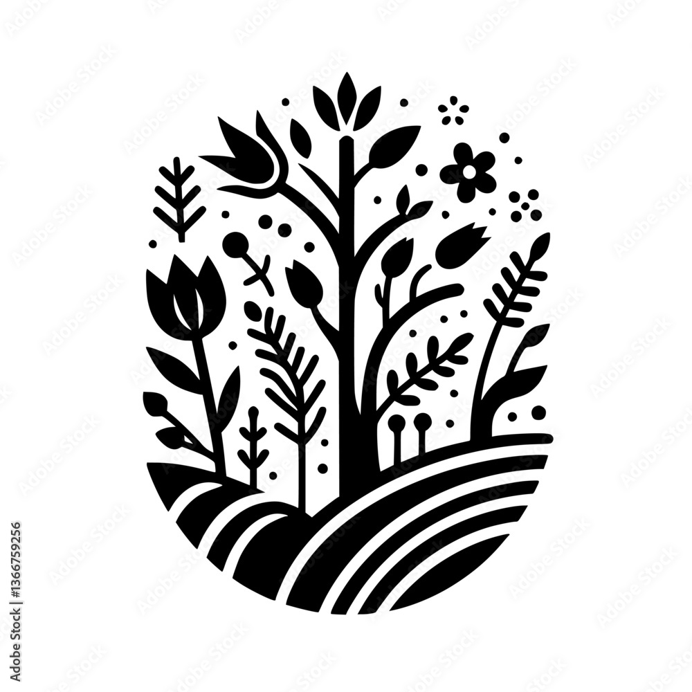 Fototapeta premium Monochrome Floral Garden: A Circular Botanical Illustration