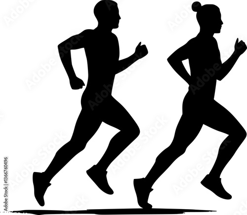 Running man and woman, isolated vector silhouettes. Run, side view. Silhouettes of athletic looking male and female runners running. EPS 10 version.