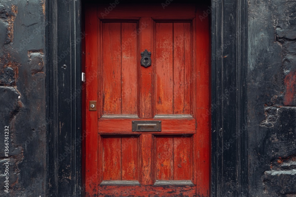 Red wooden door with black metal handle set in old weathered wall Red wooden door with black metal handle set in old weathered wall