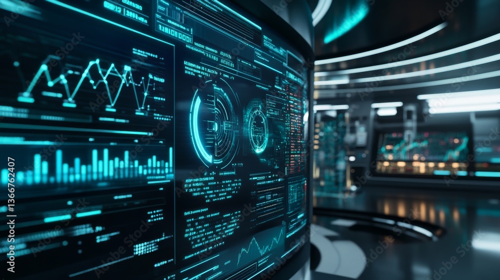 Naklejka premium A digital asset manager creating AI powered cryptocurrency sentiment analysis tools for traders, futuristic financial lab with live sentiment data, High-tech style