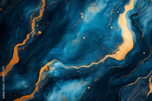 Abstract artwork with flowing blue and golden marble texture