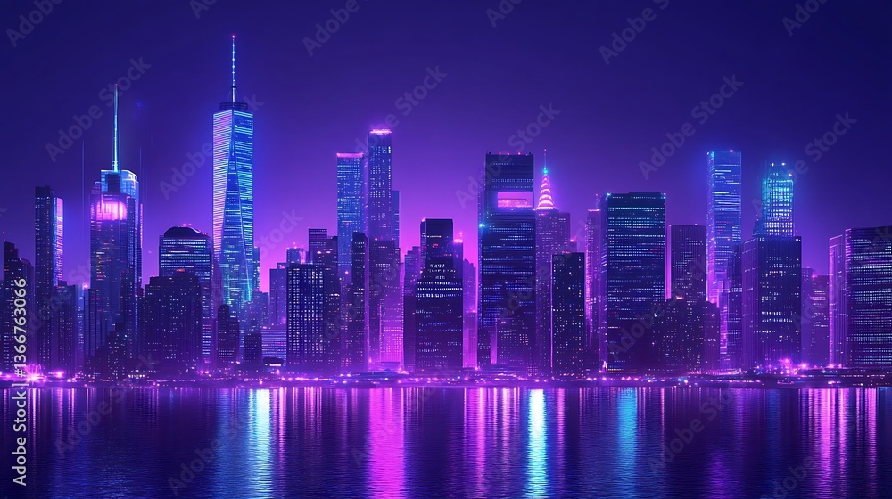 Fototapeta premium A vibrant futuristic cityscape reflecting in tranquil and still water