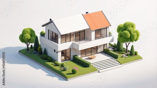 A small modern minimalist house isometric perspective, 3D model miniature