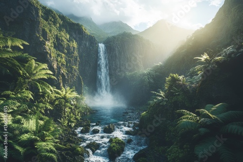 Tropical forest waterfall cascading down mossy rocks into pool