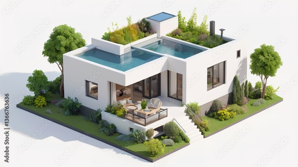 A small modern minimalist house isometric perspective, 3D model miniature A small modern minimalist house isometric perspective, 3D model miniature