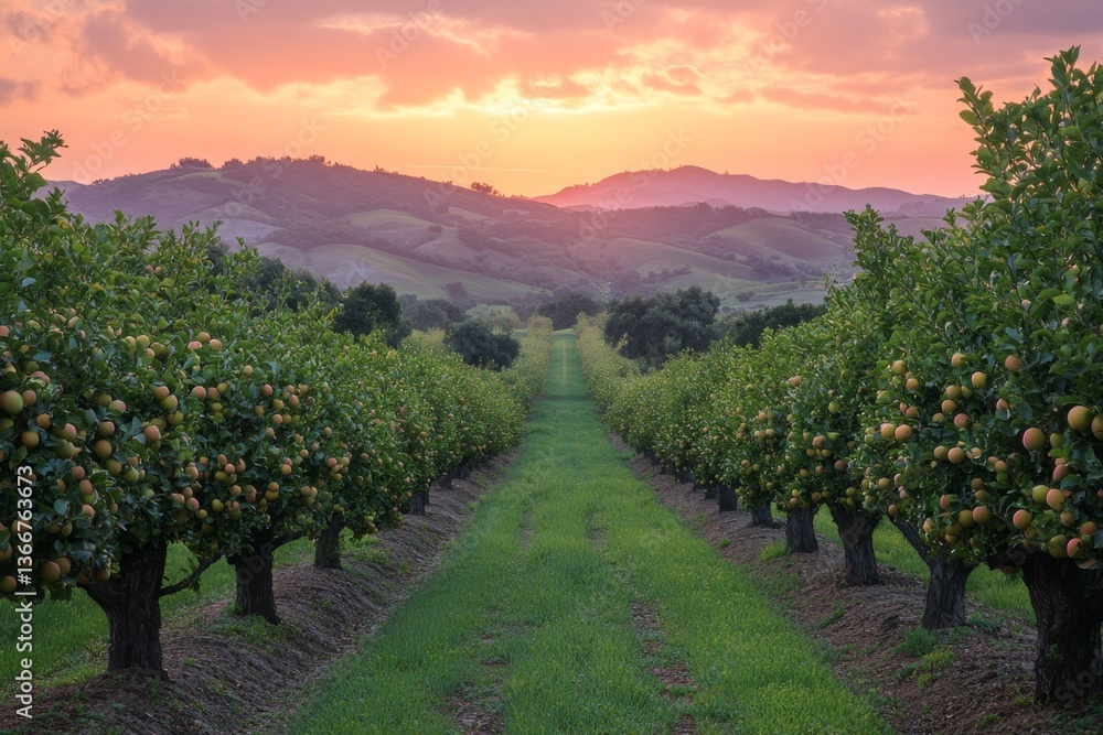 Fototapeta premium Orchard landscape at sunset with rows of fruit trees and warm light