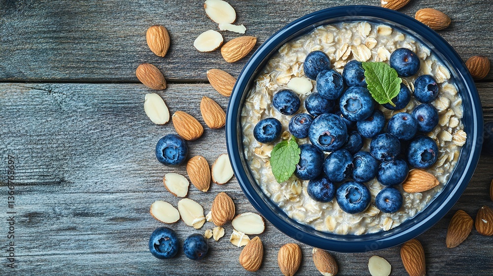 Delicious bowl of oatmeal with blueberries and almonds on wood Delicious bowl of oatmeal with blueberries and almonds on wood