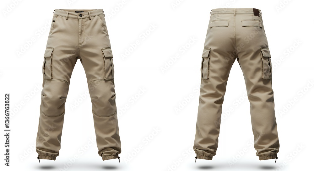 Khaki Cargo Pants Front and Back View Isolated on White Background Khaki Cargo Pants Front and Back View Isolated on White Background