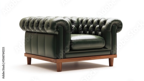 A heavy-set armchair in dark green leather with tufted cushions and wide wooden legs