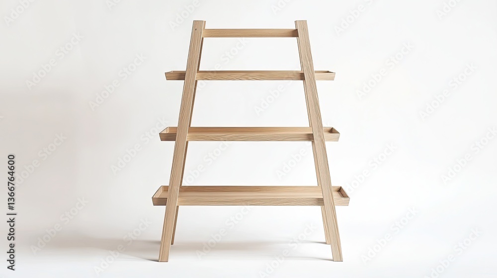 A ladder-style shelving unit made of bleached oak wood with four open shelves A ladder-style shelving unit made of bleached oak wood with four open shelves