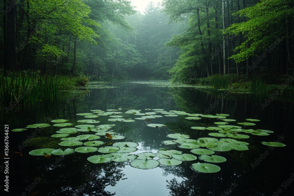 Obraz premium Green pond with lily pads and dense trees surrounding still water