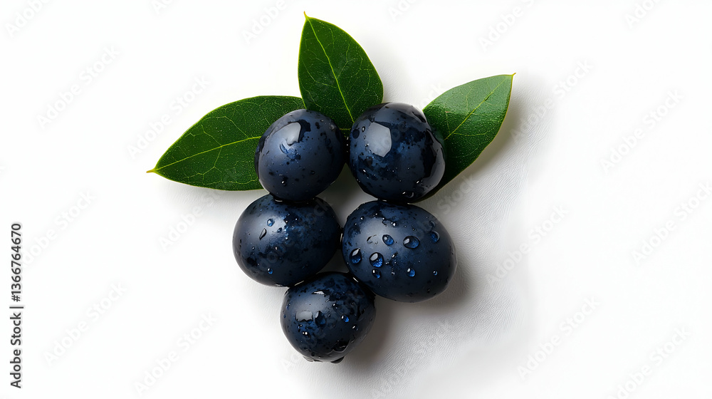 Dark Black Olives with Green Leaves on White Background Dark Black Olives with Green Leaves on White Background