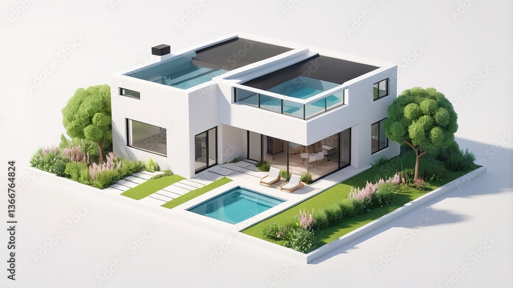 A small modern minimalist house isometric perspective, 3D model miniature A small modern minimalist house isometric perspective, 3D model miniature